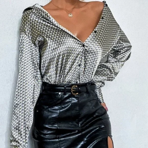 Multicolor Preppy Womens Satin button down Shirt - Picture 5 of 5